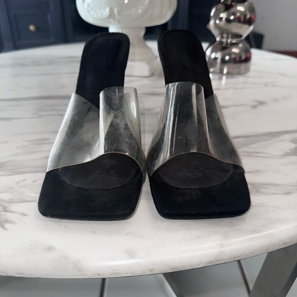 Cape Robbin Black and Clear Heeled Mules